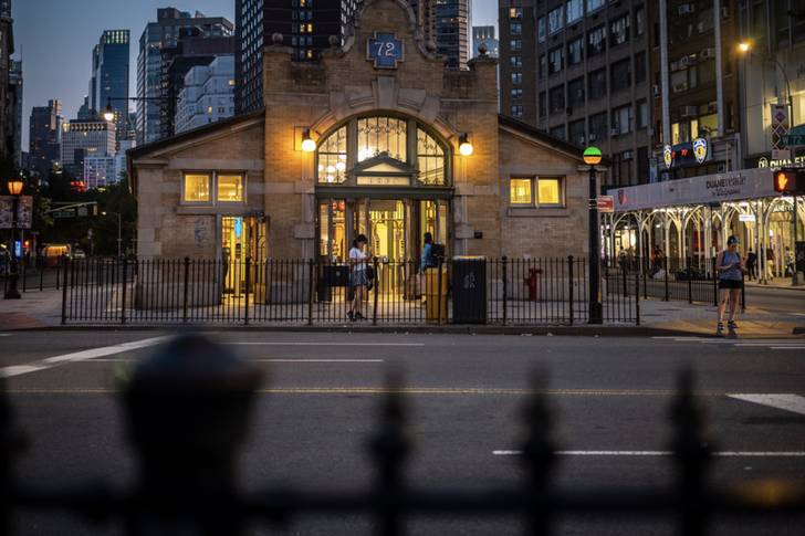 the 72nd street subway entrance at twilight